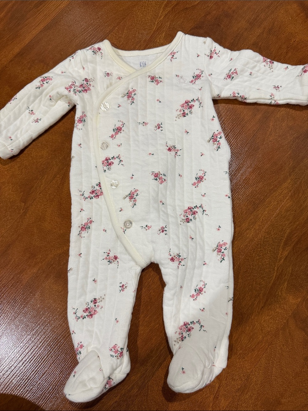 GAP Cream Quilted Footed One-Piece with Pink Floral Print